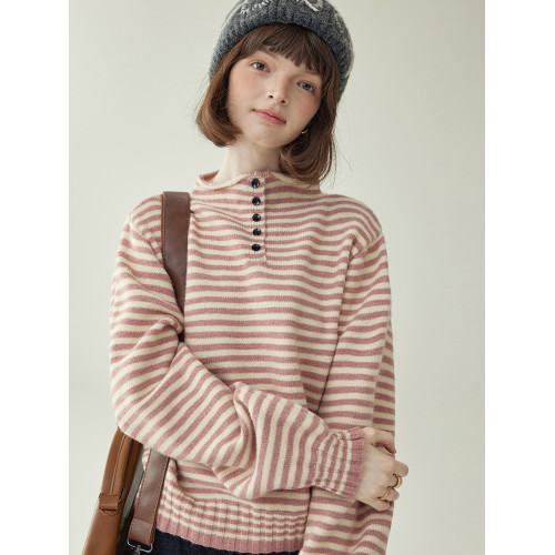 「北島AMUU」半開釦立領粉色條紋毛衣女25冬季慵懶高級感長袖上衣 「北島AMUU」半開釦立領粉色條紋毛衣女25冬季慵懶高級感長袖上衣