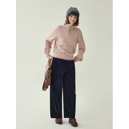 「北島AMUU」半開釦立領粉色條紋毛衣女25冬季慵懶高級感長袖上衣 「北島AMUU」半開釦立領粉色條紋毛衣女25冬季慵懶高級感長袖上衣