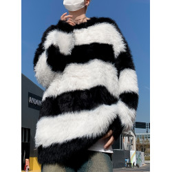 秋冬水貂絨條紋毛衣男圓領套頭休閒潮牌韓系學生百搭青少年針織衫