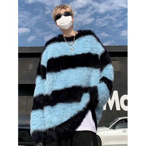 秋冬水貂絨條紋毛衣男圓領套頭休閒潮牌韓系學生百搭青少年針織衫