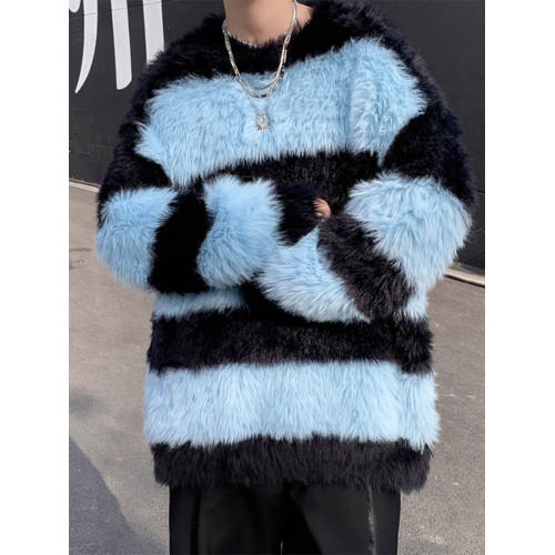 秋冬水貂絨條紋毛衣男圓領套頭休閒潮牌韓系學生百搭青少年針織衫