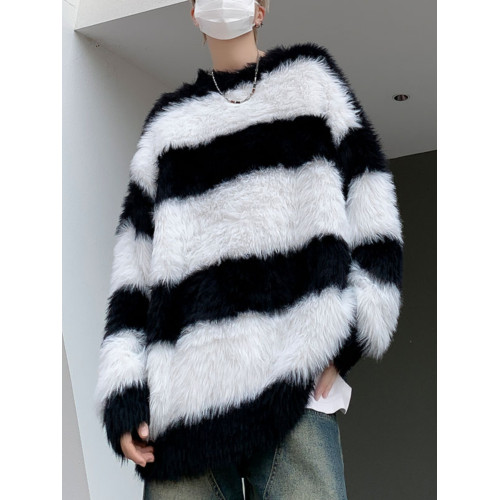 秋冬水貂絨條紋毛衣男圓領套頭休閒潮牌韓系學生百搭青少年針織衫