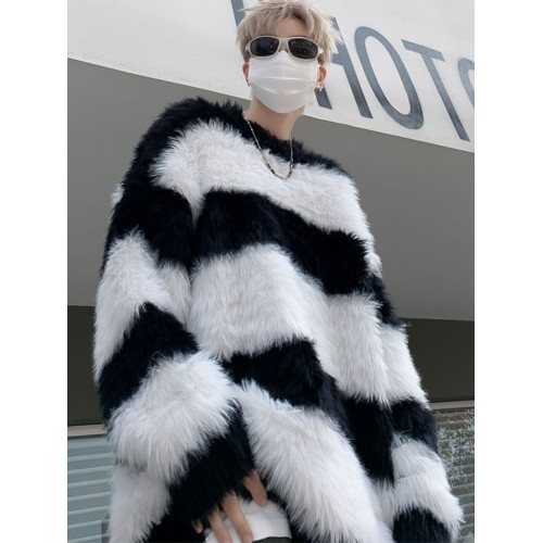 秋冬水貂絨條紋毛衣男圓領套頭休閒潮牌韓系學生百搭青少年針織衫