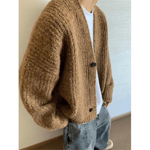 美式復古藍色開衫毛衣男款慵嬾高級感冬季cleanfit保暖針織衫外套