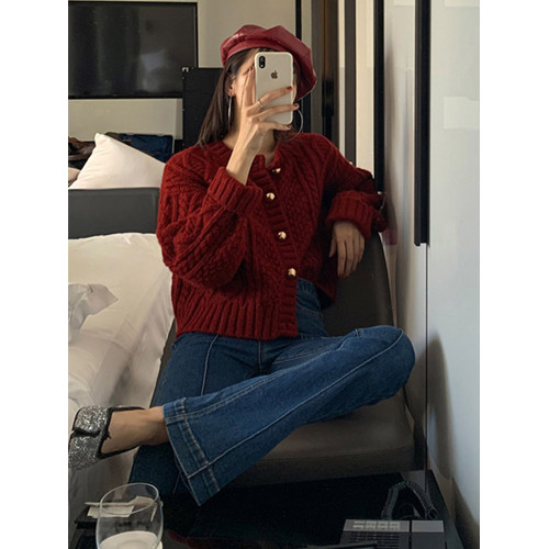 聖誕韓系慵懶風復古紅色毛衣外套女秋冬2025新款新年針織開衫上衣 聖誕韓系慵懶風復古紅色毛衣外套女秋冬2025新款新年針織開衫上衣