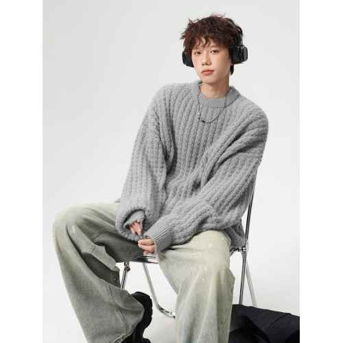 美式復古麻花圓領毛衣男秋季潮少年感針織衫外套寬鬆慵嬾風打底衫