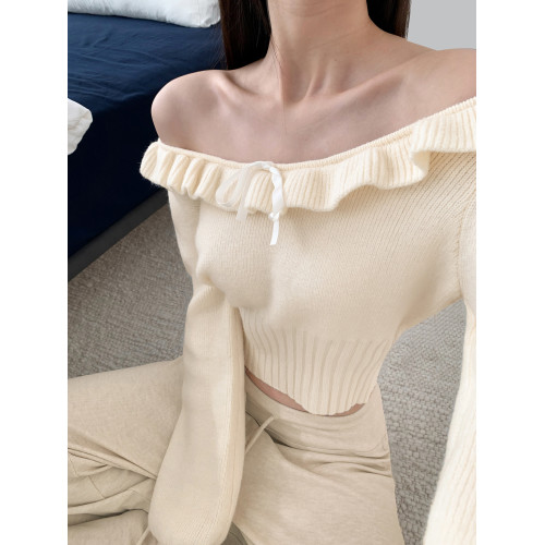 復古甜美法式荷葉邊圓領露肩針織上衣短款辣妹收腰秋冬款套頭毛衣 復古甜美法式荷葉邊圓領露肩針織上衣短款辣妹收腰秋冬款套頭毛衣