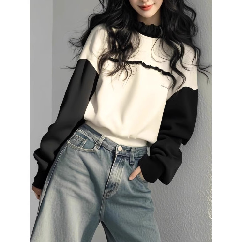 2025超火超好看獨特漂亮黑白撞色衛衣女裝春秋新款小個子長袖上衣 2025超火超好看獨特漂亮黑白撞色衛衣女裝春秋新款小個子長袖上衣