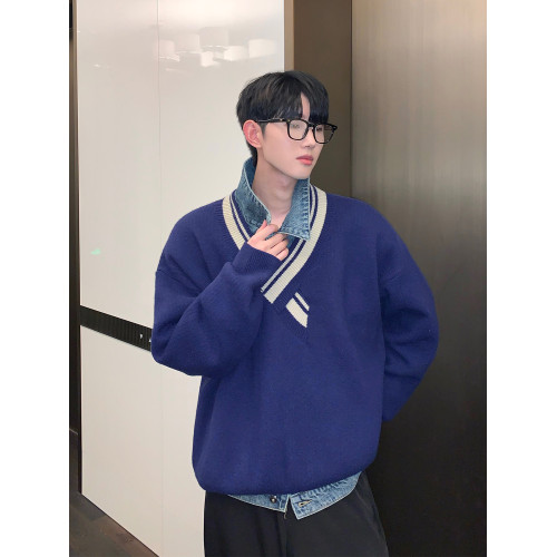 cuibuju小衆不規則v領設計針織毛衣男寬松慵懶風條紋撞色套頭毛衫 cuibuju小衆不規則v領設計針織毛衣男寬松慵懶風條紋撞色套頭毛衫