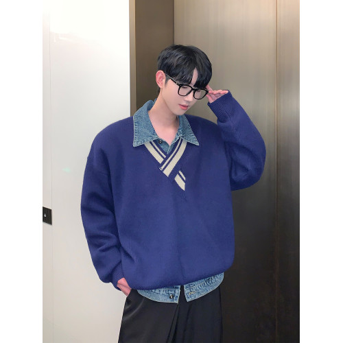 cuibuju小衆不規則v領設計針織毛衣男寬松慵懶風條紋撞色套頭毛衫 cuibuju小衆不規則v領設計針織毛衣男寬松慵懶風條紋撞色套頭毛衫