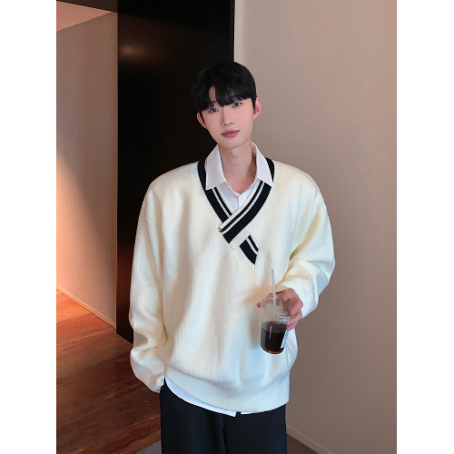 cuibuju小衆不規則v領設計針織毛衣男寬松慵懶風條紋撞色套頭毛衫 cuibuju小衆不規則v領設計針織毛衣男寬松慵懶風條紋撞色套頭毛衫