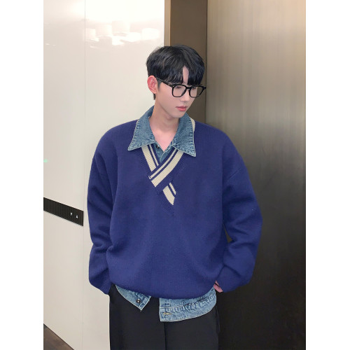 cuibuju小衆不規則v領設計針織毛衣男寬松慵懶風條紋撞色套頭毛衫 cuibuju小衆不規則v領設計針織毛衣男寬松慵懶風條紋撞色套頭毛衫