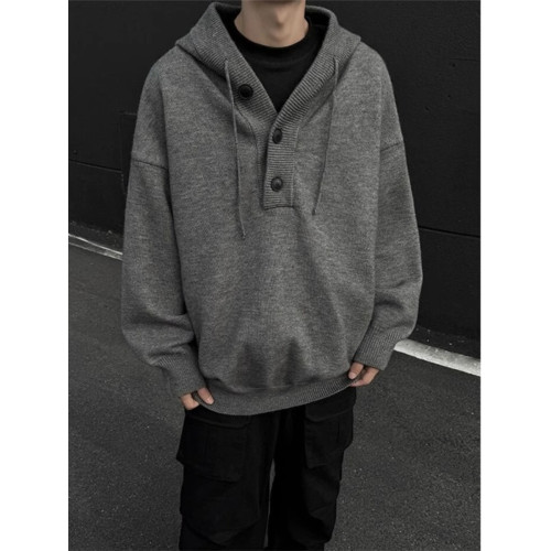 灰色美式復古連帽毛衣男款秋冬季慵嬾風cleanfit高級感針織衫外套