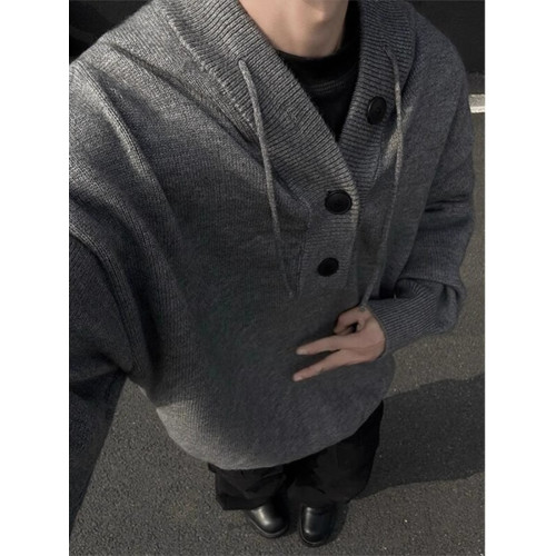 灰色美式復古連帽毛衣男款秋冬季慵嬾風cleanfit高級感針織衫外套