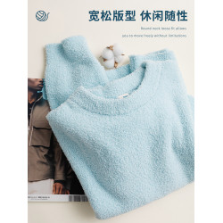 搭唸baby藍天藍色圓領毛衣嬭藍半邊絨上衣寬鬆套頭居家針織衫男女