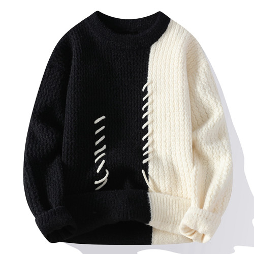 撞色圓領毛衣男士秋冬季2024新款寬鬆潮牌打底針織衫加厚保暖上衣