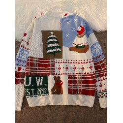 過新年潮牌毛衣男秋冬季情侶裝上衣寬鬆ins聖誕設計感印花針織衫