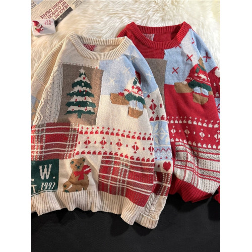 過新年潮牌毛衣男秋冬季情侶裝上衣寬鬆ins聖誕設計感印花針織衫