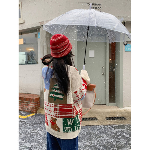 過新年潮牌毛衣男秋冬季情侶裝上衣寬鬆ins聖誕設計感印花針織衫