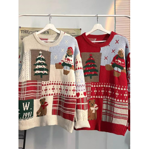 過新年潮牌毛衣男秋冬季情侶裝上衣寬鬆ins聖誕設計感印花針織衫