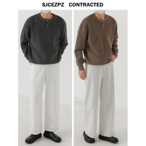 ZPZ秋冬季莫代爾羊毛針織衫男士套頭毛衣潮流亨利小V領內搭打底衫