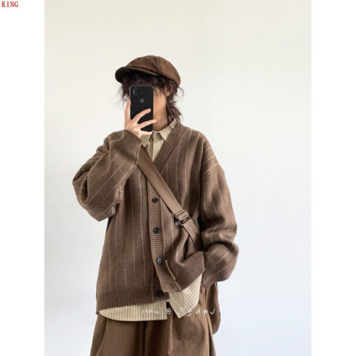 秋冬季日系復古穿搭整套中性條紋開衫毛衣男女學院風V領針織外套