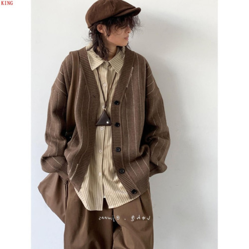 秋冬季日系復古穿搭整套中性條紋開衫毛衣男女學院風V領針織外套