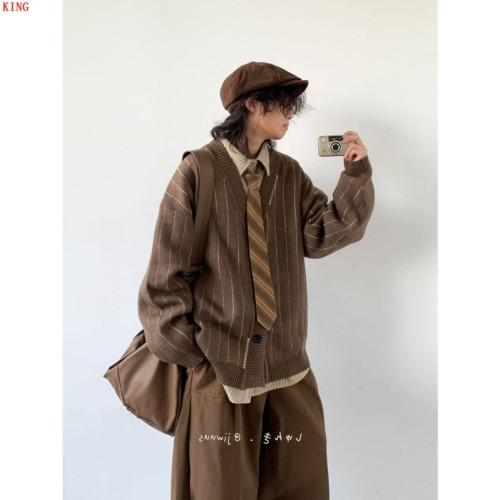 秋冬季日系復古穿搭整套中性條紋開衫毛衣男女學院風V領針織外套