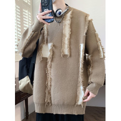 男士毛衣秋冬新款寬鬆圓領破洞針織衫潮流加厚保暖毛衫個性慵嬾風