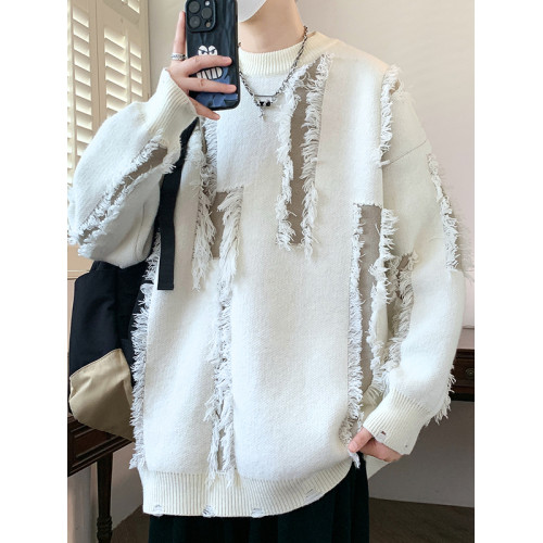 男士毛衣秋冬新款寬鬆圓領破洞針織衫潮流加厚保暖毛衫個性慵嬾風