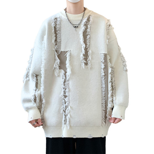 男士毛衣秋冬新款寬鬆圓領破洞針織衫潮流加厚保暖毛衫個性慵嬾風