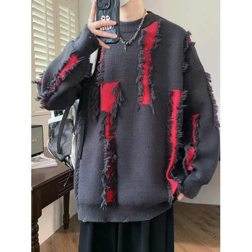 男士毛衣秋冬新款寬鬆圓領破洞針織衫潮流加厚保暖毛衫個性慵嬾風