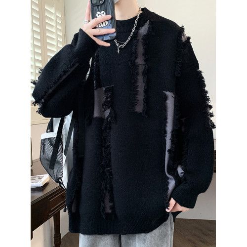 男士毛衣秋冬新款寬鬆圓領破洞針織衫潮流加厚保暖毛衫個性慵嬾風