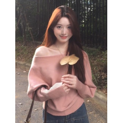 粉色不規則斜肩毛衣早秋裝女款2025年新款修身顯瘦露肩針織衫上衣