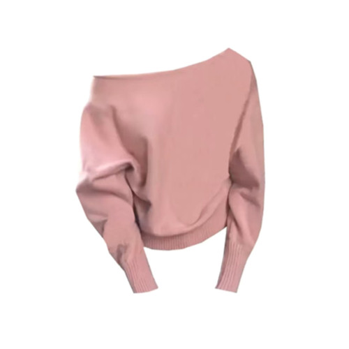 粉色不規則斜肩毛衣早秋裝女款2025年新款修身顯瘦露肩針織衫上衣