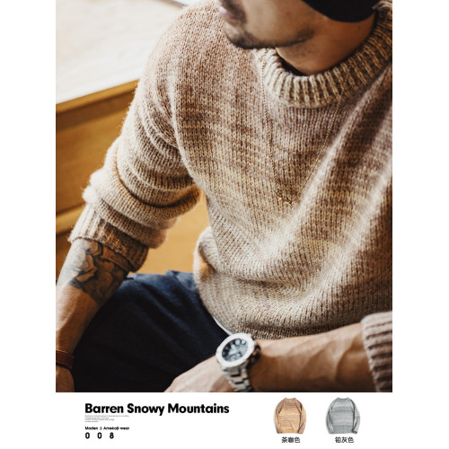 馬登工裝 美式復古漸變條紋圓領毛衣美拉德套頭混紡針織衫男春