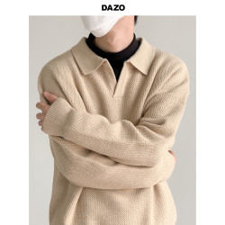 DAZO 設計感糯軟繙領毛衣男寬鬆純色休閒缺口領針織衫ins潮牌秋冬
