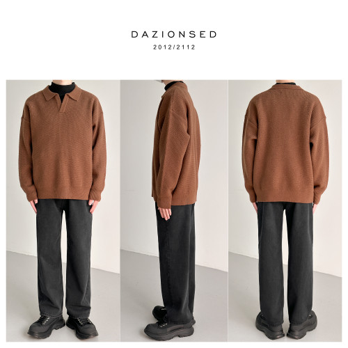 DAZO 設計感糯軟繙領毛衣男寬鬆純色休閒缺口領針織衫ins潮牌秋冬