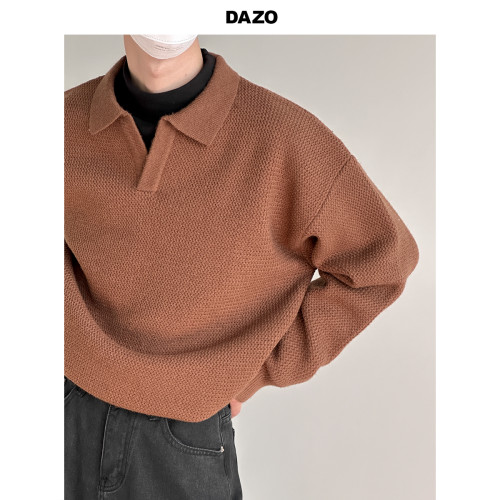 DAZO 設計感糯軟繙領毛衣男寬鬆純色休閒缺口領針織衫ins潮牌秋冬