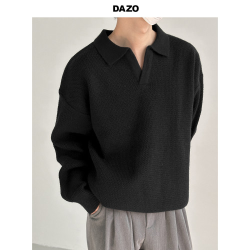 DAZO 設計感糯軟繙領毛衣男寬鬆純色休閒缺口領針織衫ins潮牌秋冬