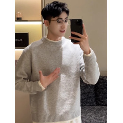 淺灰色美式圓領毛衣男冬季加絨內搭打底針織衫寬鬆慵嬾風正肩外套