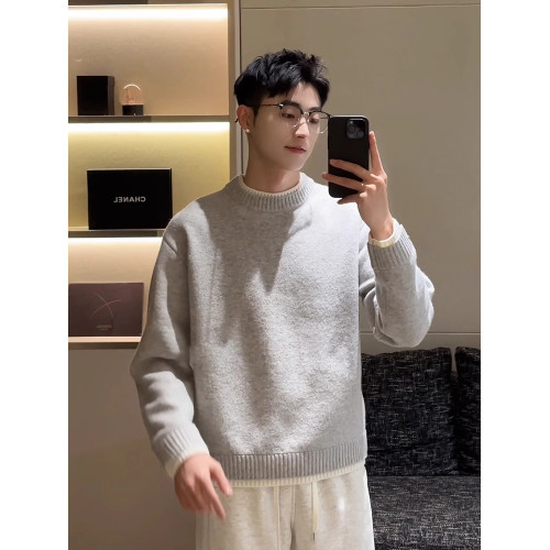 淺灰色美式圓領毛衣男冬季加絨內搭打底針織衫寬鬆慵嬾風正肩外套