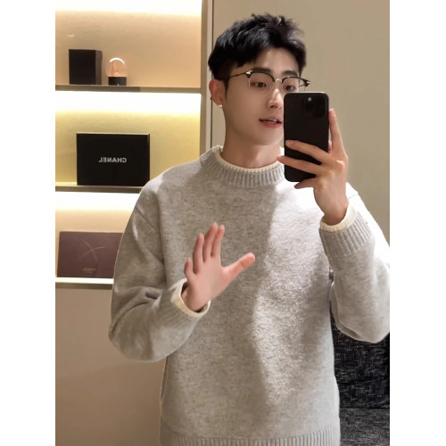 淺灰色美式圓領毛衣男冬季加絨內搭打底針織衫寬鬆慵嬾風正肩外套