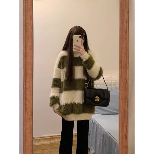 軟糯水貂絨條紋撞色毛衣女秋冬季寬松設計感小衆慵懶風針織衫上衣 軟糯水貂絨條紋撞色毛衣女秋冬季寬松設計感小衆慵懶風針織衫上衣