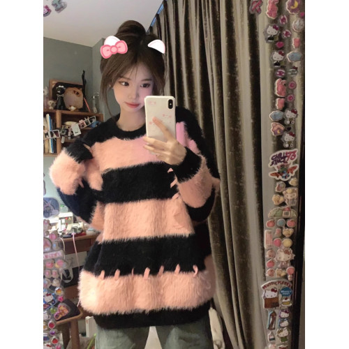 軟糯水貂絨條紋撞色毛衣女秋冬季寬松設計感小衆慵懶風針織衫上衣 軟糯水貂絨條紋撞色毛衣女秋冬季寬松設計感小衆慵懶風針織衫上衣