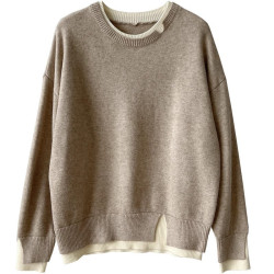 圓領針織衫外套女秋冬季新款寬松顯瘦假兩件開叉拼接套頭減齡毛衣