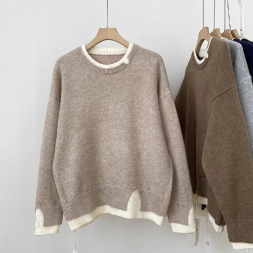 圓領針織衫外套女秋冬季新款寬松顯瘦假兩件開叉拼接套頭減齡毛衣 圓領針織衫外套女秋冬季新款寬松顯瘦假兩件開叉拼接套頭減齡毛衣