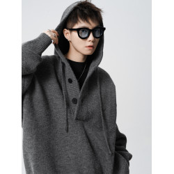 高街純色連帽針織衫男款冬季美式cleanfit連帽衛衣高級感痞帥毛衣