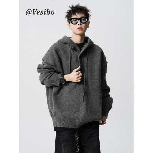 高街純色連帽針織衫男款冬季美式cleanfit連帽衛衣高級感痞帥毛衣