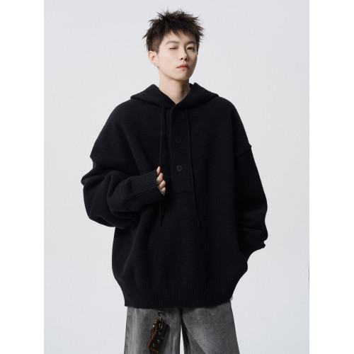 高街純色連帽針織衫男款冬季美式cleanfit連帽衛衣高級感痞帥毛衣